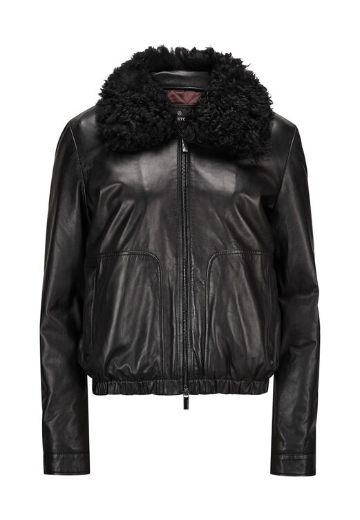 Schwarzer Da.-Lederblouson mit abknöpfbaren Kragen