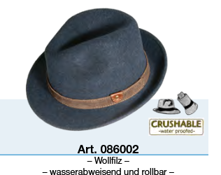 Knautschbarer blauer Wollfilz-Trilby Hut